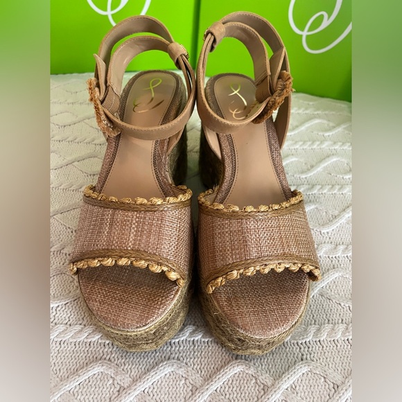 Sam Edelman Stylish Tan Embroidered Wedge Sandals Designer Various Sizes - Picture 12 of 16